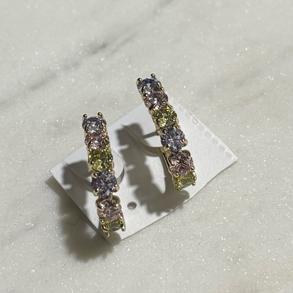 Multicolor Pastel Purple Pink Yellow Gemstone Hoop Gold Tone Earrings - Picture 10 of 15